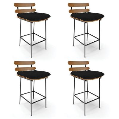 Kit 04 Banquetas Costela Linho Preto A79 Base Metálica Preto