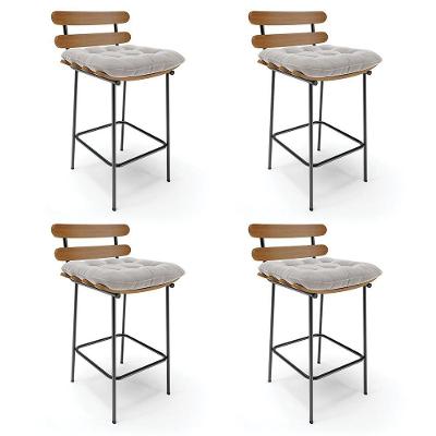Kit 04 Banquetas Costela Veludo Base Metálica Preto Cinza