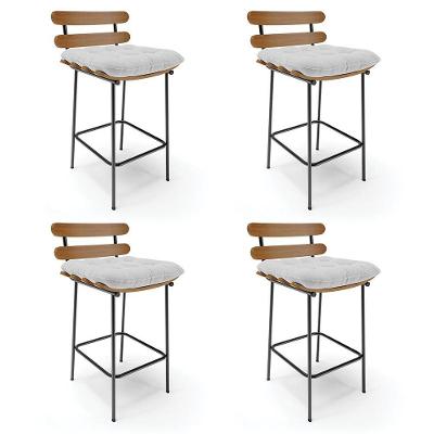 Kit 04 Banquetas Costela Linho Base Metálica Preto A05 Cinza