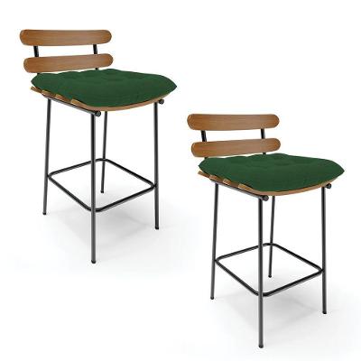 Kit 02 Banquetas Costela Veludo Verde Base Metálica Preto