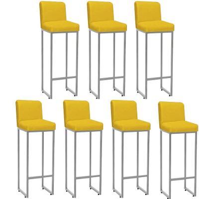 Kit 07 Banqueta Alta Com Encosto Lucca -60cm Chão Até O Assento Industrial Ferro Prata Sintético Amarelo
