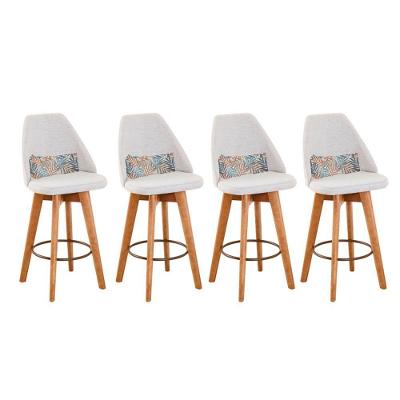 Kit 04 Banquetas Linho Bege E Almofada Folhas