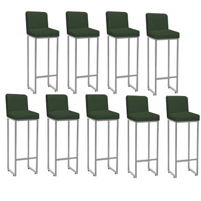 Kit 09 Banqueta Alta Com Encosto Lucca -60cm Chão Até O Assento Industrial Ferro Cinza Suede Verde Musgo