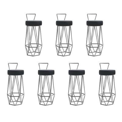 Kit 07 Banqueta Com Encosto Botti Hexágono Cozinha Bar Ferro Prata Suede Cinza