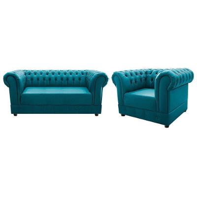 Poltrona E Namoradeira Chesterfield Ana Suede Azul Turquesa