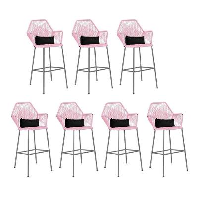 Kit 07 Banqueta Alta Com Encosto Ferro Prata Fibra Rosa Bebê Almofada Preto