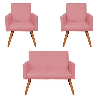 Kit 2 Poltronas e Namoradeira Nina Suede Rosê