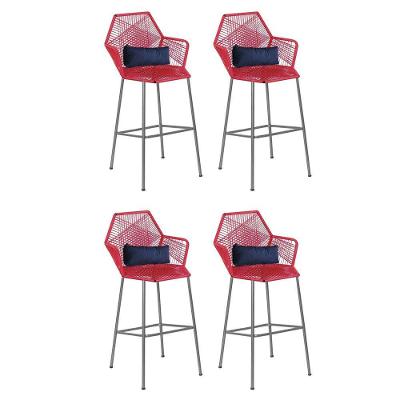 Kit 04 Banqueta Alta Com Encosto Ferro Prata Fibra Vermelho Almofada Azul Marinho