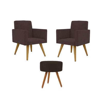 Kit 02 Poltronas Com Puff Redondo Suede marrom