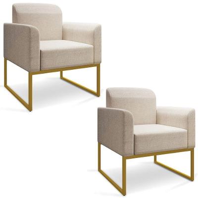 Kit 02 Poltronas Marisa Linho Base Industrial Metálica Dourado - D'rossi Cor A27 Areia