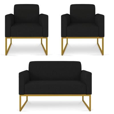 Kit 01 Namoradeira 02 Lugares E 02 Poltronas Marisa Linho Base Industrial Metálica Dourado Cor A79 Preto