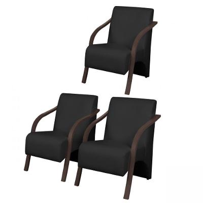 Kit3 Poltronas Vênus 1 Lugar Pé Madeira Dsalla Courino Preto