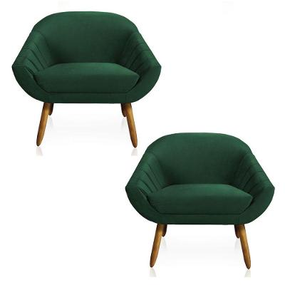 Kit 02 Poltronas Giovana Veludo Verde Esmeralda Pés Palito Castanho