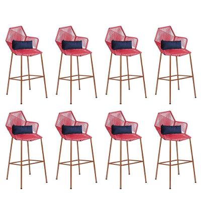 Kit 08 Banqueta Alta Com Encosto Sttar Ferro Bronze Fibra Coral Almofada Suede Azul Marinho