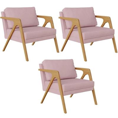 Kit 03 Poltronas Pietra Estrutura De Madeira L02 Suede Rosê