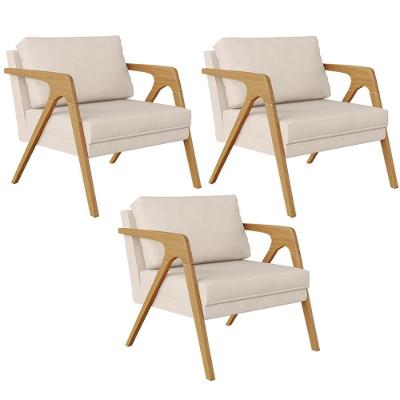 Kit 03 Poltronas Pietra Estrutura De Madeira L02 Suede Bege