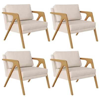 Kit 04 Poltronas Pietra Estrutura De Madeira L02 Suede Bege