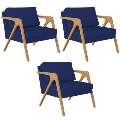 Kit 03 Poltronas Pietra L02 Suede Azul Marinho