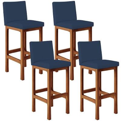 Kit 04 Banquetas Altas Cozinha Alya L02 Suede Azul Marinho