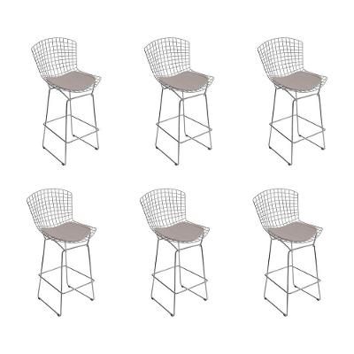 Kit 6 Banquetas Bistrô Bertoia Cromada D80 Com Assento Sintético Bege Cor Cinza