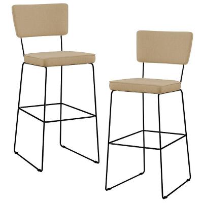 Kit 02 Banquetas Alta Base Aço Fixa Linho Bege Escuro