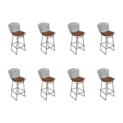 Kit 8 Banquetas Bistrô Bertoia Preta D60 Com Assento Marrom Cor Preto