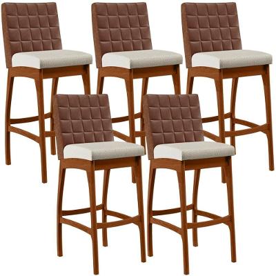 Kit 05 Banquetas Altas Mila Marrom Linho Champagne
