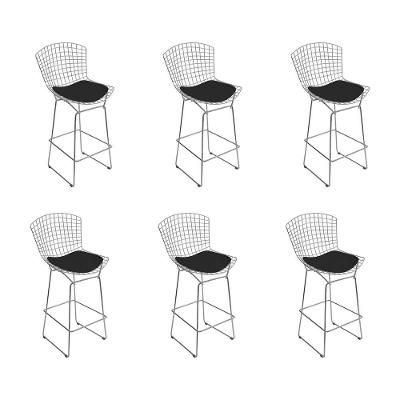 Kit 6 Banquetas Alta Bistrô Bertoia Cromada D70 Com Assento Sintético Preto Cor Preto