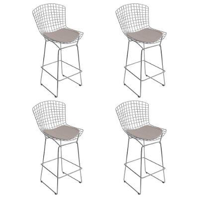 Kit 4 Banquetas Alta Bistrô Bertoia Cromada D80 Com Assento Sintético Bege Cor Bege