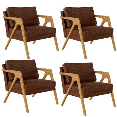 Kit 04 Poltronas Com Estrutura Madeira L02 Marrom
