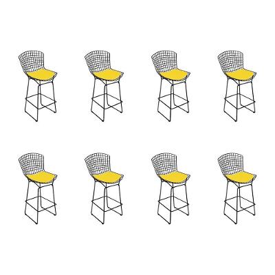 Kit 8 Banquetas Bistrô Bertoia Preta D60 Com Assento Amarelo Cor Preto