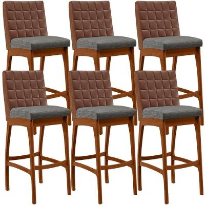 Kit 06 Banquetas Altas Mila Marrom Linho Cinza Escuro