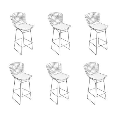 Kit 6 Banquetas Bistrô Bertoia Cromada D80 Com Assento Sintético Branco Cor Cinza