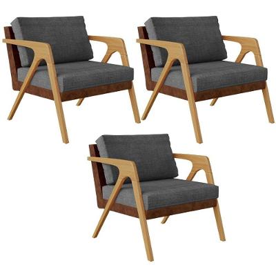 Kit 03 Poltronas Couríssimo Marrom Linho Cinza Escuro