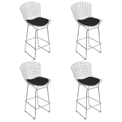Kit 4 Banquetas Bertoia Cromada D70 Com Assento Sintético Preto Cor Preto