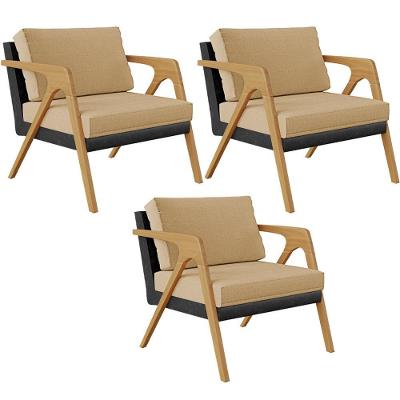 Kit 03 Poltronas Sala L02 Couríssimo Preto Linho Bege Escuro