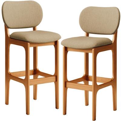 Kit 2 Banquetas Alta Betta Imbuia Linho Bege Escuro