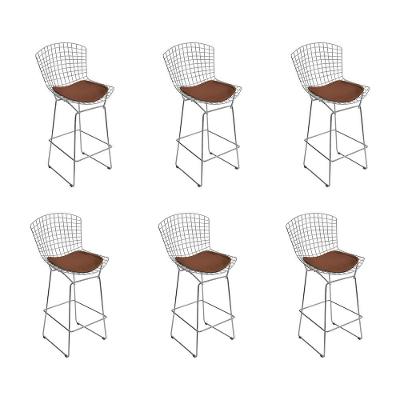 Kit 6 Banquetas Bistrô Bertoia Cromada D80 Com Assento Sintético Marrom Cor Cinza