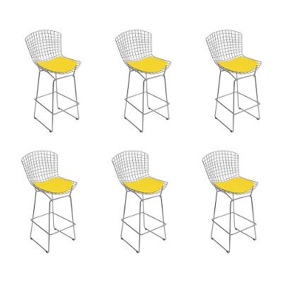 Kit 6 Banquetas Bistrô Bertoia Cromada D80 Com Assento Sintético Amarelo Cor Cinza