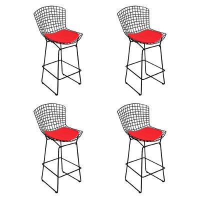 Kit 4 Banquetas Bistrô Bertoia Preta D70 Com Assento Vermelho Cor Preto