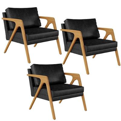 Kit 03 Poltronas Estrutura Madeira L02 Preto Brilho