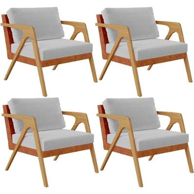 Kit 04 Poltronas Pietra Couríssimo Camel Linho Cinza