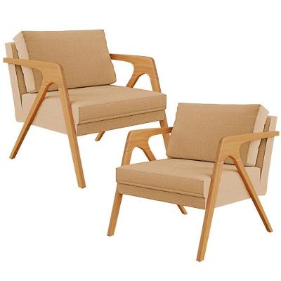 Kit 02 Poltronas Pietra Estrutura L02 Linho Bege Escuro