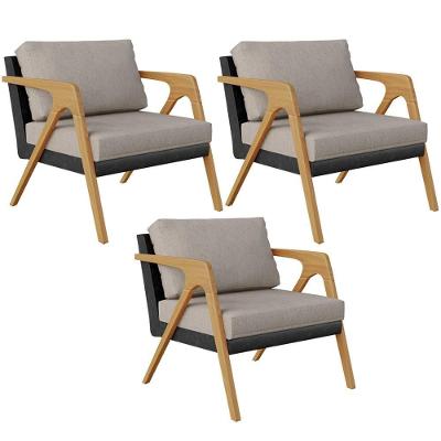 Kit 03 Poltronas L02 Couríssimo Preto Linho Bege
