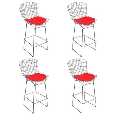 Kit 4 Banquetas Bistrô Bertoia Cromada D60 Com Assento Sintético Vermelho Cor Cinza
