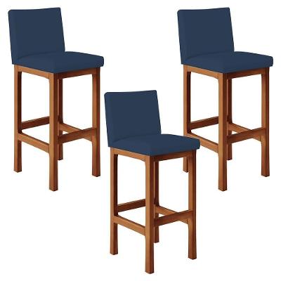 Kit 03 Banquetas Altas Alya Suede Azul Marinho