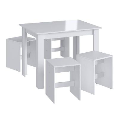 Conjunto Mesa Fixa 4 Banquetas Baixas Móveis Canção Branco