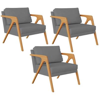 Kit 03 Poltronas Estrutura De Madeira L02 Suede Cinza