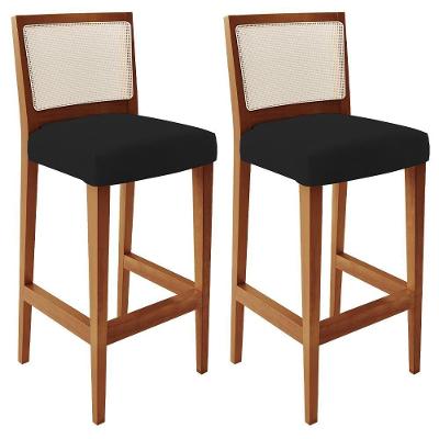 Kit 02 Banquetas Altas Encosto Tela Branco Facto Preto