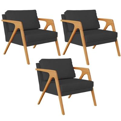 Kit 03 Poltronas Estrutura De Madeira L02 Suede Preto